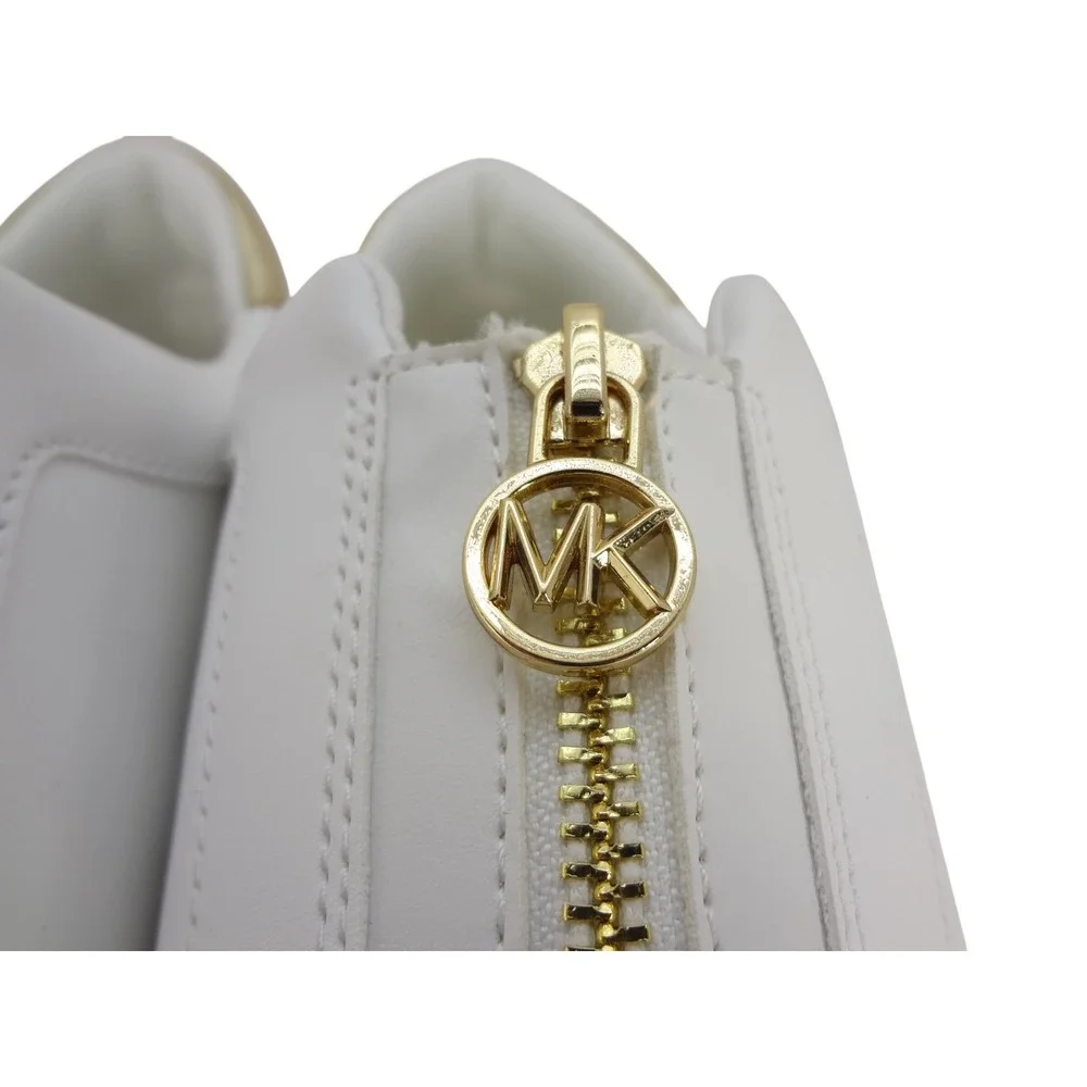 Michael Kors Sneaker Womens 9 White Excellent Front Zip Gold Logo FT25F Slip On